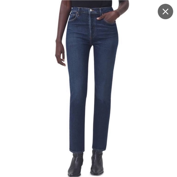Agolde Riley Long High Rise Straight Leg Jeans Dark Blue Wash Size 31 Luxury - Picture 2 of 16